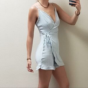 BLASHE Medium Baby Blue and White Checkered Gingham Skort Ruffle Romper